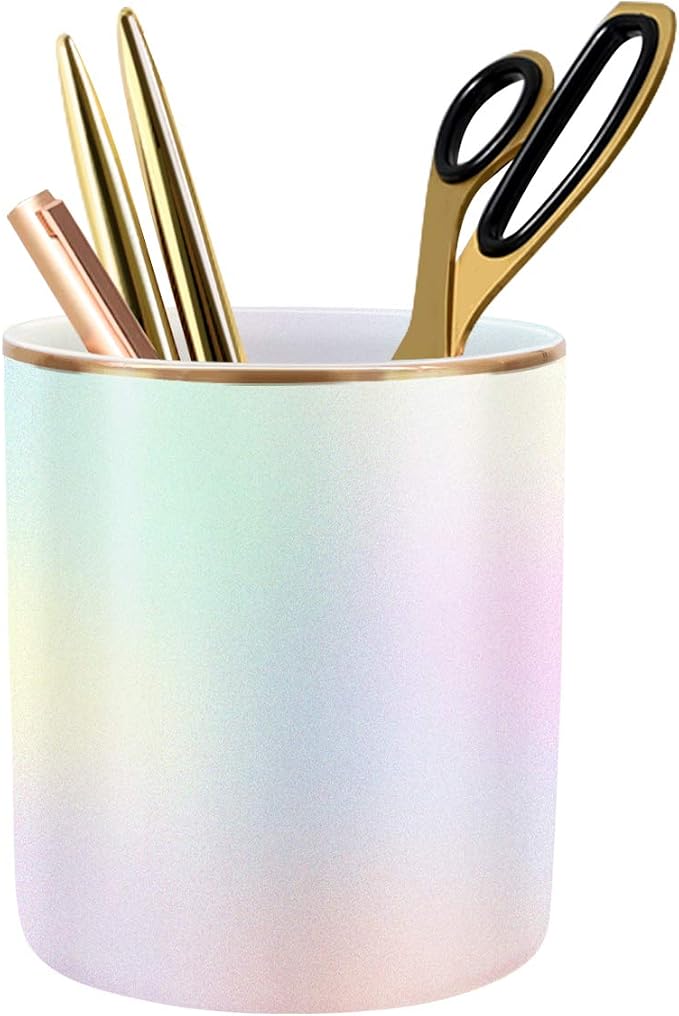 Cute Pen Holder for Desk, Pencil Cup Holder Desktop Stationery Makeup Brush Organizer Decor for Teen Girls Durable Ceramic Desk Organizer for Office, Classroom, Home, Colorful by WAVEYU