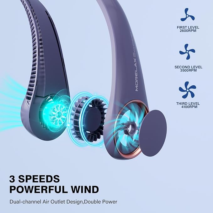 Morelax Neck Fan, USB Rechargeable Personal Fan,Hand Free Bladeless Portable Fans,4000 mAh, 3 Speeds,72 Air Faster softer 360° Cooling, Ultra Quiet,Gift Suitable for Home, Office, Travel, Sports - Image 3
