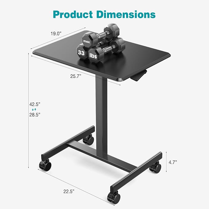 DUMOS Mobile Rolling Desk with Wheels Adjustable Height | Small Standing Desks Portable Laptop PC Table, Computer Workstation for Home Office Small Space, Modern Black - Image 3