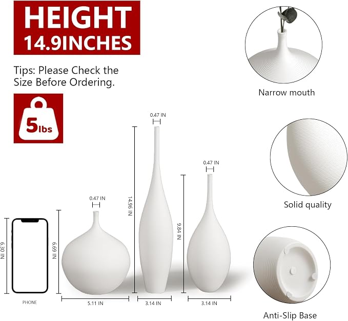 Relexome White Ceramic Vase Modern Boho Wabi-Sabi Flower Vase Set of 3 Decorative Aesthetic Vases for Centerpieces Pampas Matte Minimalist Vases for Living Room Table Shelf Home Decor Gift - Image 3