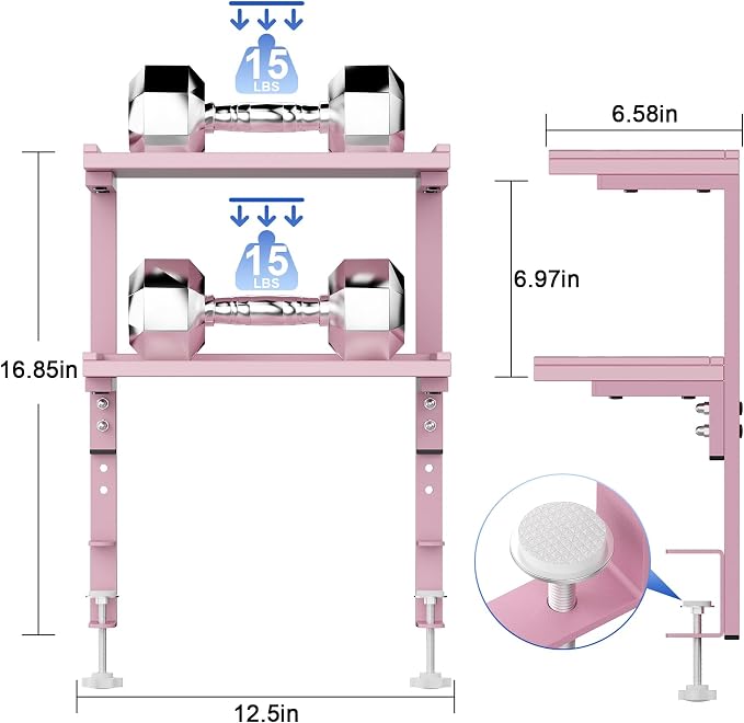 Spacrea Clamp on Desk Shelf, 2 Tier Office Desk Shelves Organizer, Wood Desktop Supplies Storage Rack, Desk Organizers and Accessories (Pink) - Image 2