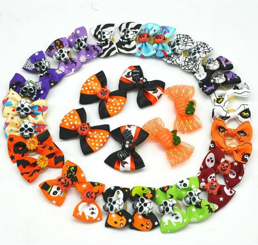 20Pcs/10 Pairs Puppy Yorkie Dog Hair Bow Halloween Ribbon with Rubber Band 40mm, Mix Colors Varies Patterns Pet Grooming Products (Halloween) by RSACCSKY