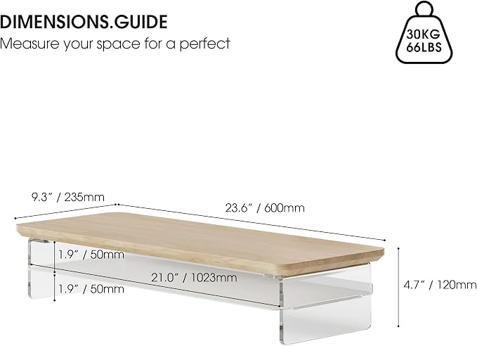 Fenge 23.6" Monitor Stand with Clear Acrylic Legs, Oak | Clear acrylic, storage compartment, 2-tier home office monitor riser, wide large desktop shelf fit monitor/laptop/printer - Image 4