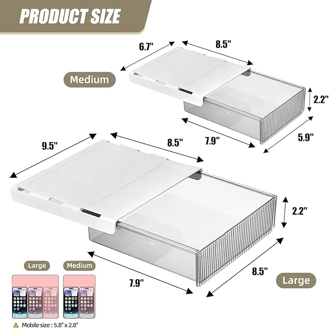 2Pcs Under Desk Storage Drawers Slide Out,Large&Medium,Stick On Drawers,Under Desk Organizer Hidden Under Table Drawer for Home Office School Organization and Storage-Clear White - Image 5