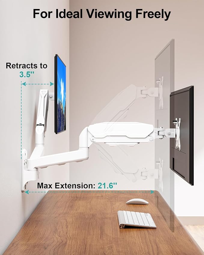 MOUNT PRO Dual Monitor Wall Mount for 13 to 32 Inch Computer Screens, Gas Spring Wall Monitor Arm for 2 Monitors, Each Holds Up to 19.8lbs, Adjustable Wall Monitor Mount with VESA 75x75/100x100, White - Image 5