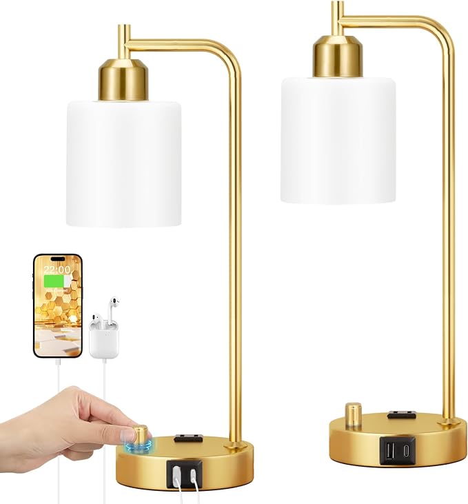 Innqoo Industrial Table Lamps for Bedroom Set of 2 - Fully Dimmable Bedside Lamps with USB Ports and Outlet, Gold Nightstand Lamps with Opal Glass Shade for Living Room, Desk Lamps for Office Reading - Image 8
