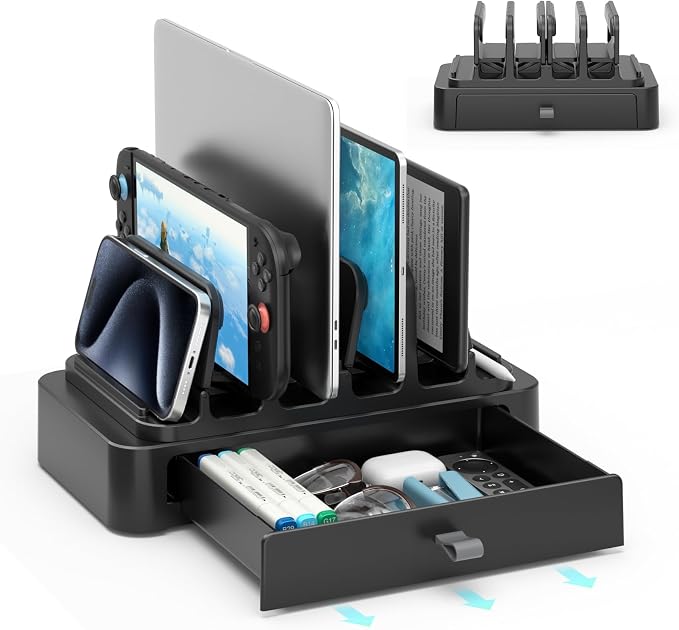 KDD Vertical Laptop Stand with Drawer - 7-in-1 Space-Saving Laptop Holder with Gravity Locking Fits MacBook, Dell, HP, Chromebook, Surface Pro, Tablet, Cell Phone, Switch, Keyboard Desktop Organizer by KDD