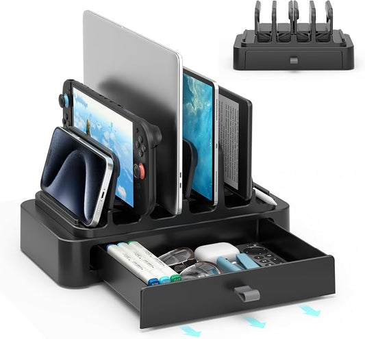 KDD Vertical Laptop Stand with Drawer - 7-in-1 Space-Saving Laptop Holder with Gravity Locking Fits MacBook, Dell, HP, Chromebook, Surface Pro, Tablet, Cell Phone, Switch, Keyboard Desktop Organizer by KDD