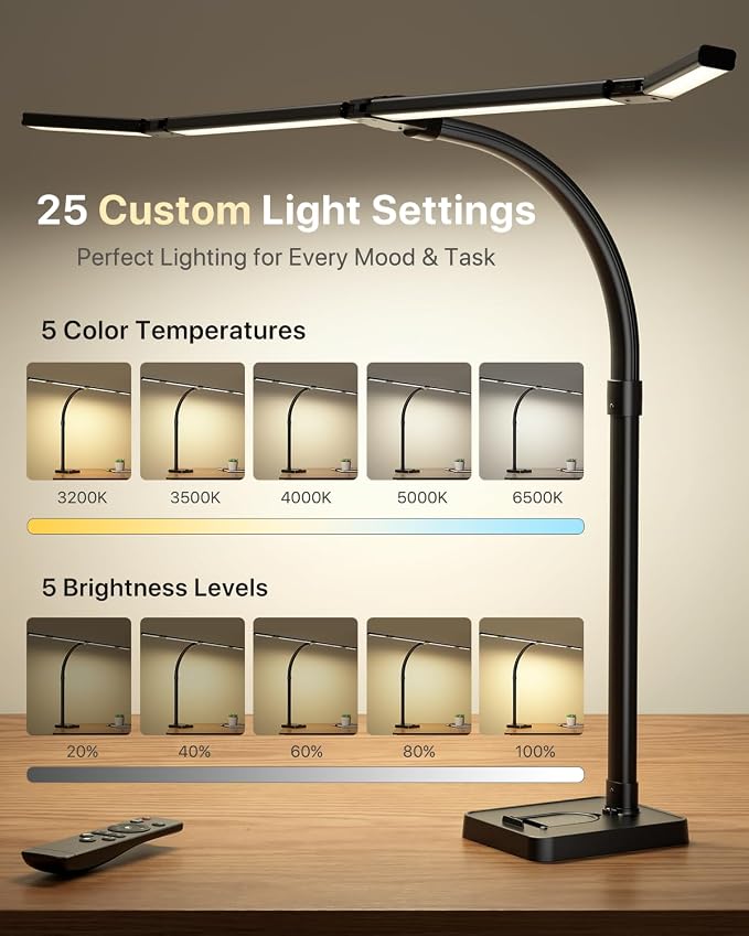 ONEMIX 42" LED Desk Lamp for Home Office, Eye-Caring Desk Light with Adjustable 4-Segment Bar, 1800LM Bright, Remote, Architect Table Lamp with Base for Dual Monitors, Reading, Study, Workbench(Black) - Image 8