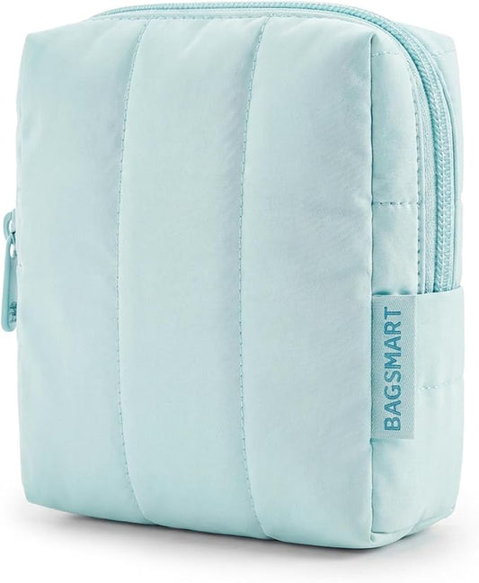 BAGSMART Small Travel Makeup Bag for Purse Toiletry Pouch, Puffy Padded Mini Cosmetics Bag, Cute Make Up Pouch for Women with Slip-in Pocket, Travel Essentials for Toiletries, Blue by BAGSMART