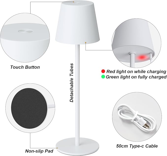 Kakanuo White Cordless Table Lamp Rechargeable - 2 Pack 5000mAH Battery Operated Lamp for Table, 3 Color Stepless Dimming Wireless Lamp for Kitchen Counter, Touch Control - Image 5