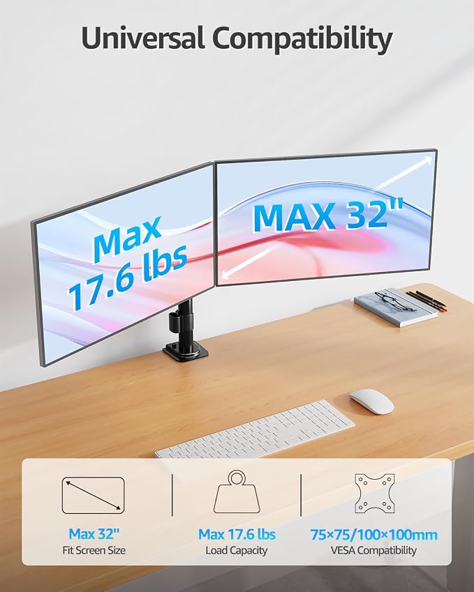 MOUNTUP Dual Monitor Desk Mount, Max 32 Inch up to 17.6lbs, Fully Adjustable Dual Monitor Arm for 2 LCD Screens, Double Monitor Stand with C-Clamp and Grommet Base - Image 2