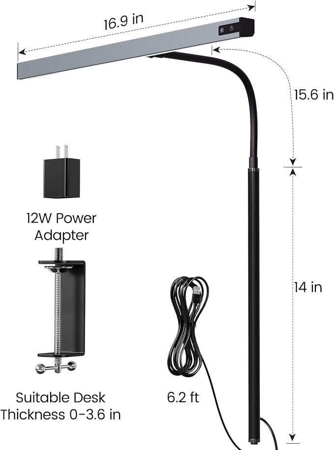 SUPERDANNY LED Desk Lamp for Office Home, Eye-Caring Desk Light with Adjustable Gooseneck, 12W Touch Control Dimmable Brightness, Architect Clamp Lamp with USB Adapter, Grey - Image 6