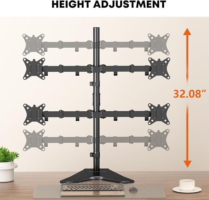 PUTORSEN Quad Monitor Stand for 4 Screens, 17-32", 19.8 lbs Each | Stacked 4-Screen Desk Mount with Full-Motion Arms, VESA 75/100, Tilt, Swivel & Rotation, Larger Base with Phone Slot, Black - Image 4
