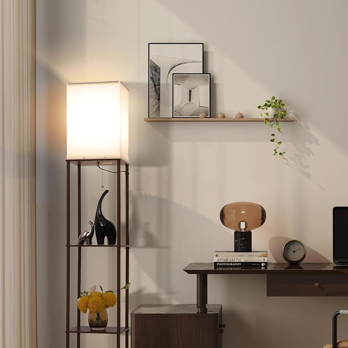 Gupuzm Floor Lamp with Shelves, Modern Square Standing Lamp with 3 Color Temperature Bulb, Corner Display Bookshelf Lamp for Living Room, Bedroom and Office(Brown-2 Pack) - Image 6