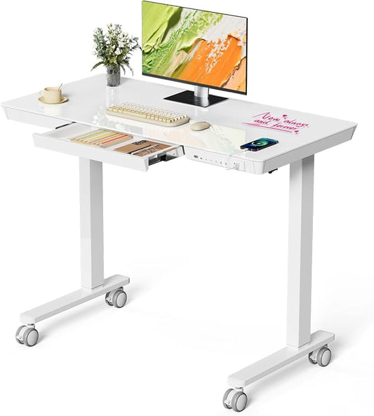 40" Glass Standing Desk with Drawer, Electric Stand up Desk | Height Adjustable Desk with One-Piece Tabletop & USB Charging Ports, Sit Stand Desk with Storage for Home Office, White by JYLHJOYSEEKER