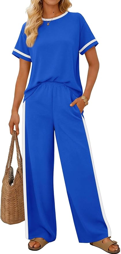 Sampeel 2 Piece Sets for Women Matching Sets Summer Outfits Resort Wear Short Sleeve Lounge Set Wide Leg Pants with Pockets - Image 2