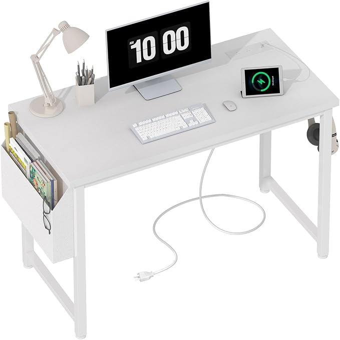 Lufeiya White Computer Desk with Power Outlet, 40 inch Simple Teen Study Table Home Office Work Writing Desks with Charging Station Outlets USB Port Built in, Storage Pocket，White by LUFEIYA