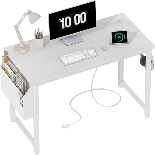 Lufeiya White Computer Desk with Power Outlet, 40 inch Simple Teen Study Table Home Office Work Writing Desks with Charging Station Outlets USB Port Built in, Storage Pocket，White by LUFEIYA