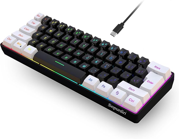 Snpurdiri 60% Wired Gaming Keyboard, Small RGB Backlit Membrane Gaming Keyboard, Ultra-Compact Mini Waterproof Keyboard for PC Computer Gamer White and Black | Backlit Small Membrane Gaming Keyboard for PC Computer Gamer by Snpurdiri