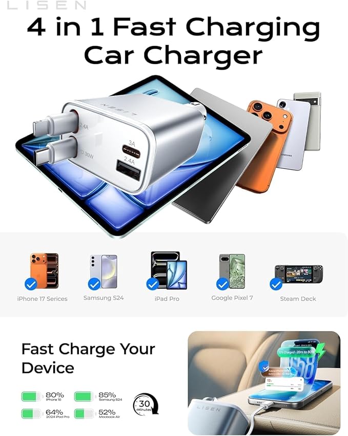 LISEN Retractable Car Charger for iPhone, for iPhone 17 Pro Max 16 15 14 13 12 Plus Mini, Cute 4 in 1 Retractable USB C Car Charger Fast Chareg for Women Men, 84W Fast Charging Car Accessorie | Multiple Ports Car Charger, Retractable Car Charger Fast C... - Image 6