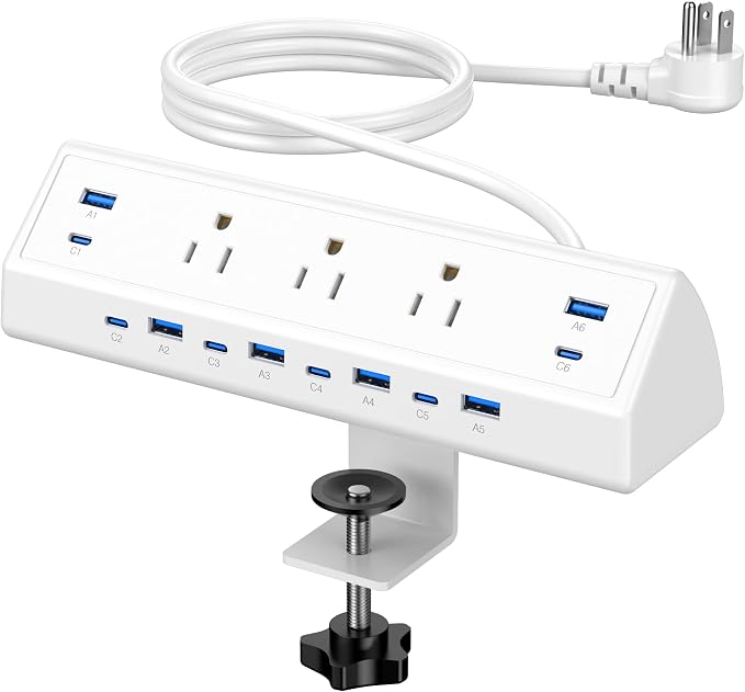 Jgstkcity 130W Desk Clamp Power Strip, 12 USB Ports (6 PD 65W USB-C),Surge Protector,ETL Listed Power Hub Extension Cord,Fast Charging Station for Home Office Desk Edge Mount (White, 12 USB-130W) by Jgstkcity