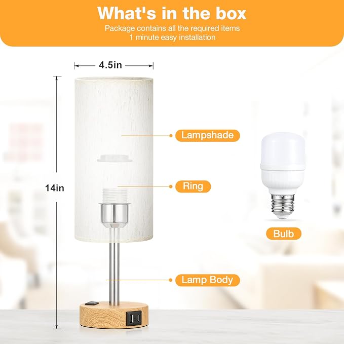 Fenmzee Bedside Table Lamp for Bedroom - Dimmable Touch, USB A+C, AC Outlet | 3-Way Dimmable, LED Bulb Included, Fabric Lampshade, Wood-Grain Metal Base, 14" Small Nightstand Lamp for Desk, Living Room - Image 5