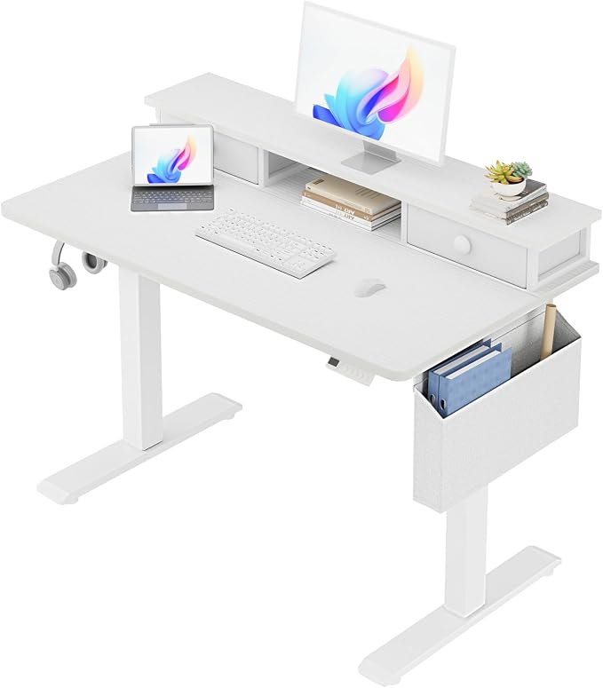 White Electric Standing Desk with Drawers - 40 Inch Small Standing Desk with Shelf Monitor Stand Storage Height Adjustable for Home Office, Study Writing Girls Computer Sit Stand Desks for Bedroom by Unknown