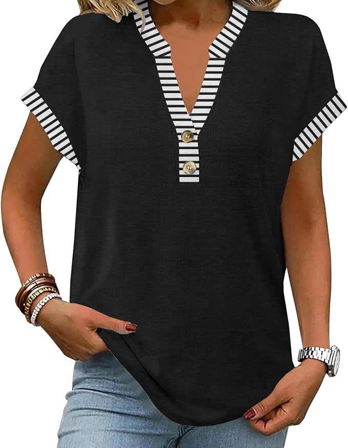 Womens Henley Summer Tops V Neck Button Dressy Casual T Shirts Blouses | Breathable, V-Neck Button, Striped, Loose Fit, Business Casual, Office, Vacation, Spring Summer Tops, Basic Shirts by ETCYYNEW