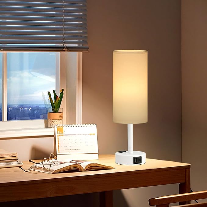 Fenmzee Matte White Bedside Table Lamp for Bedroom - 3 Way Dimmable Touch Lamp USB C Charging Ports and AC Outlet, Small Lamp Round Flaxen Fabric Shade for Living Room, Desk, LED Bulb Included - Image 7