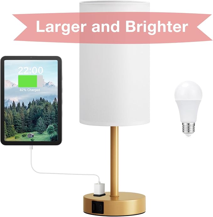 Fenmzee Gold Nightstand Bedroom Lamp - 3 Way Dimmable Bedside Lamp USB C A Charging Ports and AC Outlet, Small Table Lamp Linen Lampshade for Office Desk - Image 8