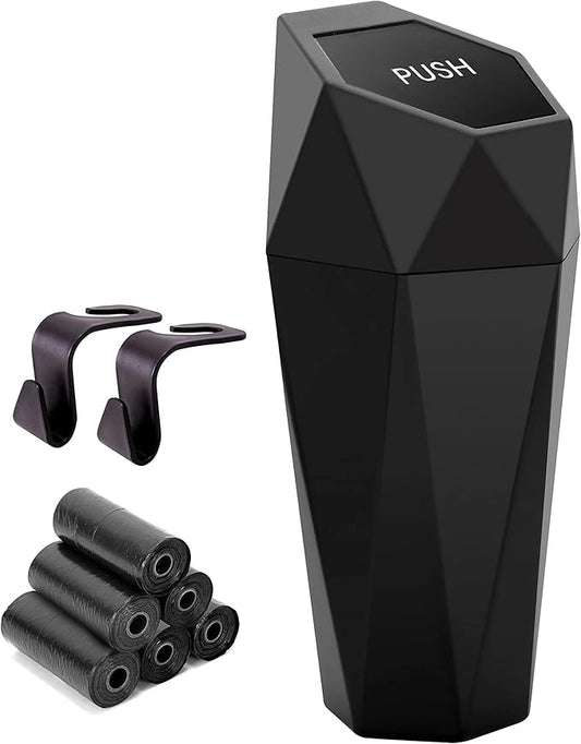 Ginsco Car Trash Can Cup Holder, Mini Car Trash Can with Lid, Car Accessories for Interior, Leakproof Small Trash Cup for Car, Home, Office, Bedroom with Additional 2 Hooks and 90pcs Trash Bags Black by Ginsco