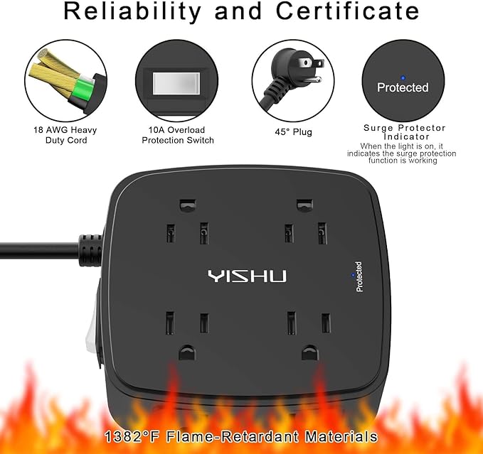 5Ft Surge Protector Power Strip - 8 Widely Outlets with 4 USB Ports, 3 Side Outlet Extender with 5 Feet Extension Cord, Flat Plug, Wall Mount, Desk USB Charging Station, ETL,Black - Image 6