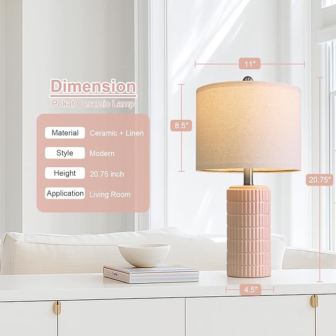 PoKat 20.75" Pink Ceramic Table Lamps Set of 2, Small Modern Bedroom Lamps for Girls Room, Bedside Lamps for Night Stands, Cute Lamps for Living Room Decor, Nightstands Desk Lamp, Light Pink - Image 2