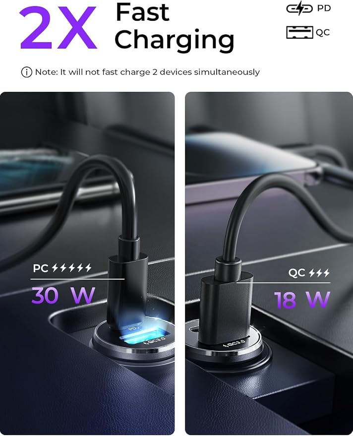 LISEN USB C Car Charger Adapter [2 Pack] [Mini & Metal] Cigarette Lighter USB Charger Fast Charging [PD QC 3.0] USBC Car Phone Charger for iPhone 15 Pro Max Plus 14 Samsung Galaxy S23 iPad Pro, Purple | Cigarette Lighter Charger, USB C Car Charger Fast... - Image 4