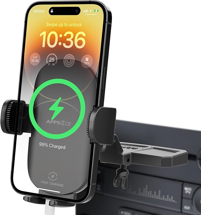 APPS2Car Sturdy CD Slot Phone Mount Upgraded Wireless Charger with One Hand Operation Design, Hands-Free Car Phone Holder Compatible with iPhone 17 Pro Max Plus 16 15 14 13 12 11, Samsung S25 S24 by APPS2Car