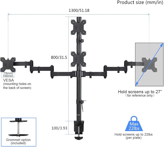 Suptek Quad LED LCD Monitor Stand up Desk Mount Extra Tall 31.5 inch Pole Heavy Duty Fully Adjustable Stand for 4 (3+1) / Four Screens up to 27 inch (MD6864) - Image 2