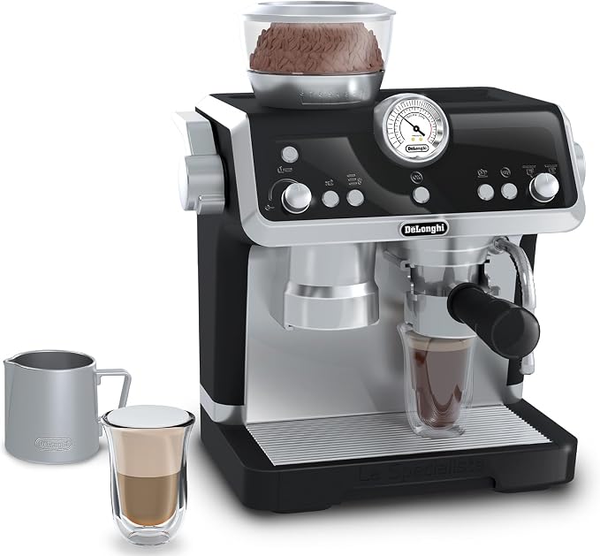 Casdon De'Longhi Toys Barista Coffee Machine. Toy Kitchen Playset for Kids with Moving Parts, Realistic Sounds and Magic Coffee Reveal. For Children Aged 3+, Silver, Black by Casdon