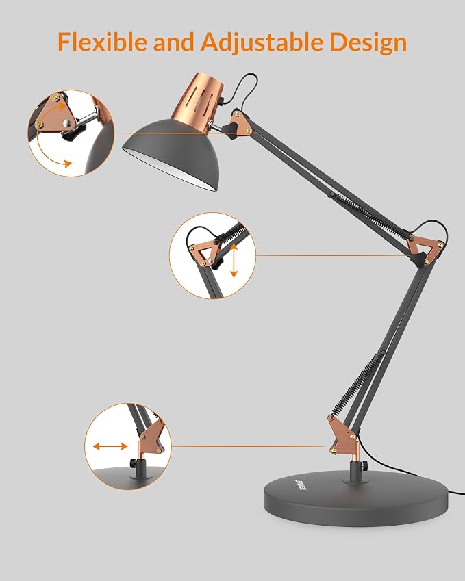 LEPOWER Metal Adjustable Desk Lamp with Clamp, Swing Arm for Home Office | Gooseneck, Architect Style, Eye-Caring Table Lamp, On/Off Switch, E26 Base, Reading for Dorm, Bedroom, Study, Back to School - Image 7