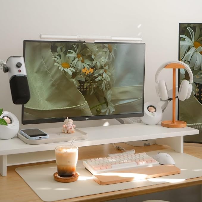 Bamboo Dual Monitor Stand Riser White, 2-Tier Desk Monitor Riser for 2 Monitors, Supports for PC Computer Monitor, Printer, Heavy TV Riser up to 300 lbs, White by Rocdeer