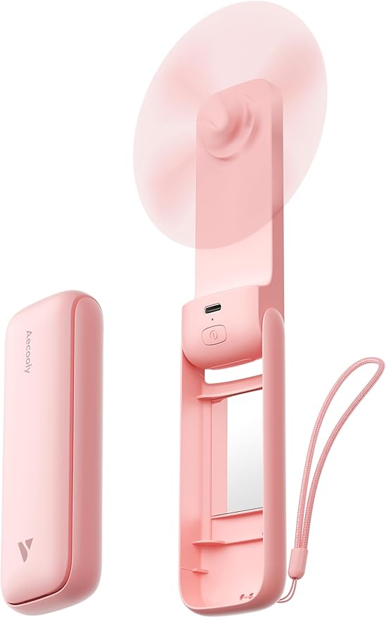 Aecooly Slim Portable Fan with Mirror, Thin Handheld Fan, USB Rechargeable Mini Personal [24H Max Cooling Time], Battery Powered Small Foldable Pocket for Travel, Lash, Makeup, Gifts for Women -Pink by Aecooly