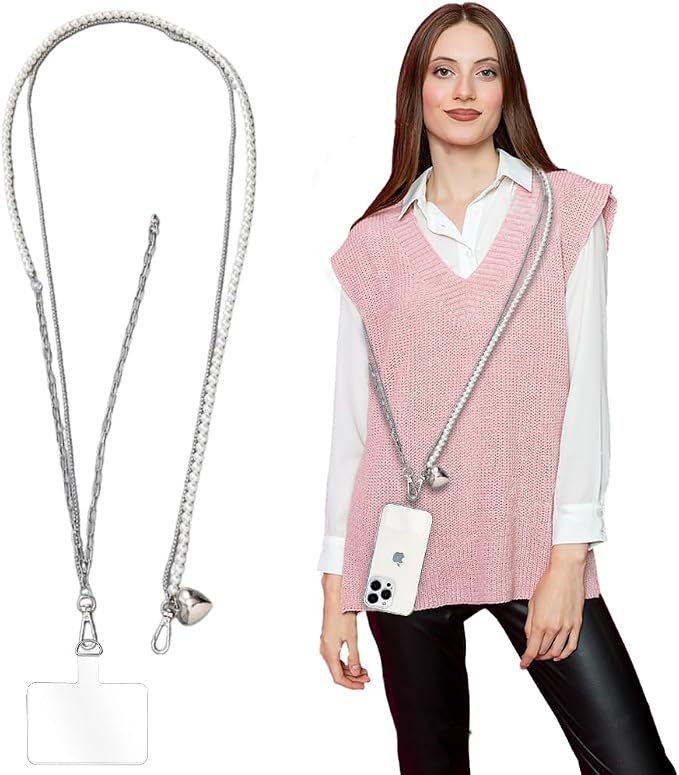 Phone Crossbody Lanyard Double Phone Lanyard,Pearl Chain&Metal Chain Double Universal Phone Strap with Phone Tether Patches for Most Phone(K) by Turkalla