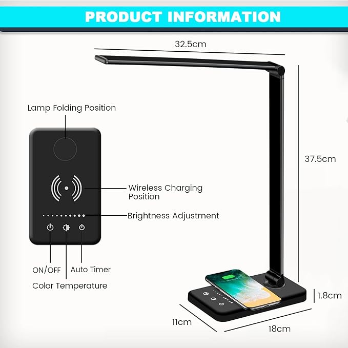 LED Desk Lamp with Wireless Charger, USB Charging Port, 10 Brightness, 5 Color Modes, Desk Lamps for Home Office, Dimmable Table Lamp Eye Caring Reading Light, Touch Control, Auto Timer, Black - Image 5