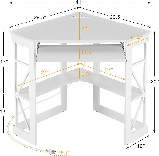 VECELO Corner Desk, Triangle Computer Desk for Small Space with Charging Station and Keyboard Tray, Corner Makeup Table with Storage Shelves for Home Office Bedroom, 41x30, White - Image 3