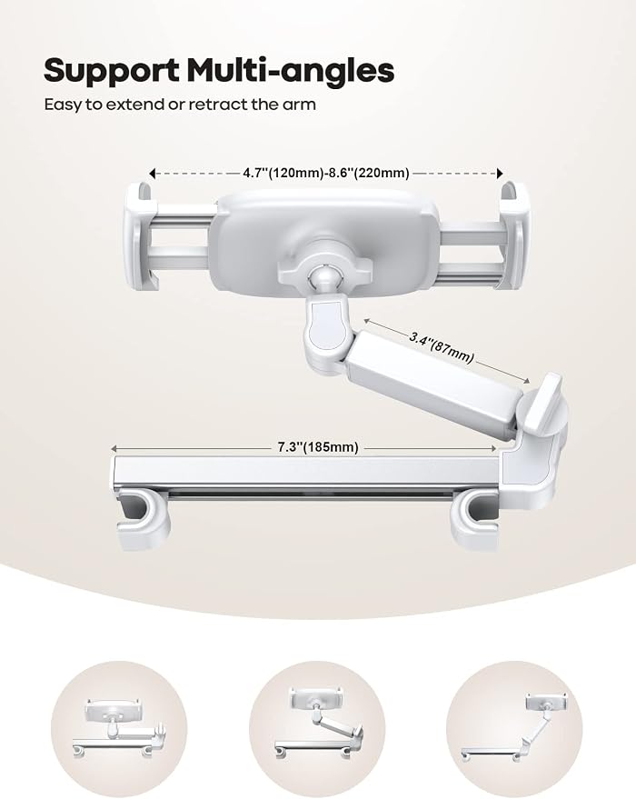 Lamicall Car Headrest Tablet Holder - [Extension Arm] Upgrade Adjustable Tablet Car Mount for Back Seat, Road Trip Essentials for Kids, for 4.7-11" Device like iPad Pro, Air, Mini, Galaxy, Fire, White - Image 5