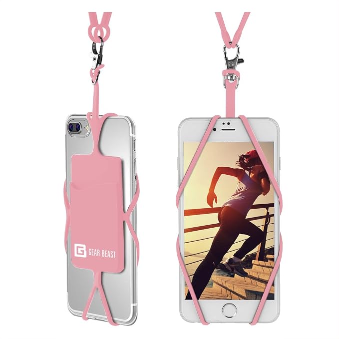 Gear Beast Cell Phone Lanyard - Universal Neck Phone Holder w/Card Pocket and Silicone Neck Strap - Compatible with Most Smartphones, Light Pink by GearBeast