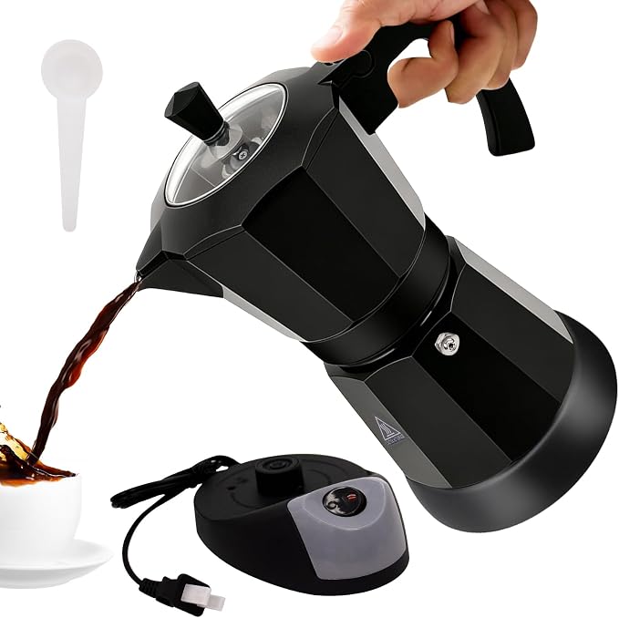 Electric Aluminum Moka Pot 3-6 Cup 150-270ml Espresso Maker | with Detachable Base Ideal Coffee Makers for Home MochaPot Italian and Cuban Café Coffeemaker Espressomaker CoffeePot Black by Vaolvpant