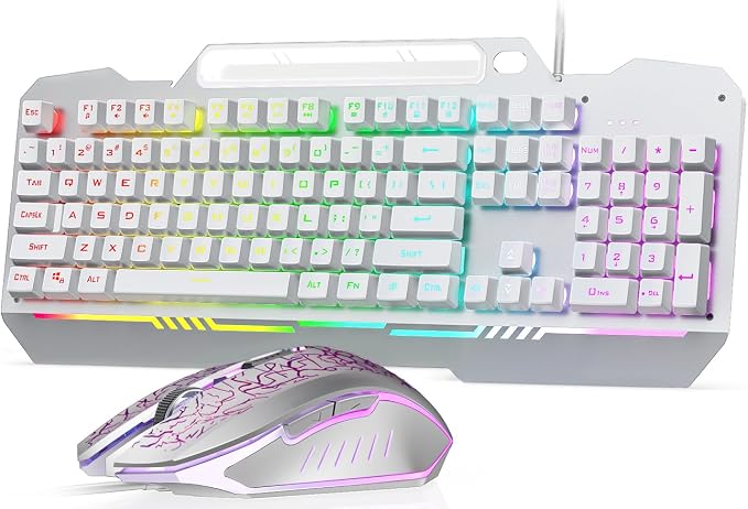 AULA Gaming Keyboard, T102 104 Keys Keyboard and Mouse Combo, USB Wired Computer Keyboards Mechanical Feel Full Size, RGB Backlit for PC/Laptop Gaming or Working/Office (White) by AULA