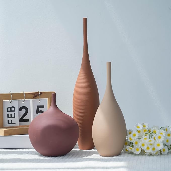 Relexome Ceramic Modern Vase Set of 3 Farmhouse Decorative Vase Minimalist Aesthetic Vases for Centerpieces Matte Ribbed Vases for Home Decor Table Entryway Living Room (Brown+Khaki+ Dark Red) - Image 3
