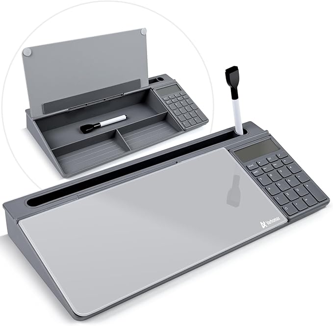 Varhomax Glass Desk Whiteboard Gray with Calculator, Desktop Organizer Dry Erase White Board with Storage, to Do List Memo Notepad for Home Office and School Supplies by Varhomax